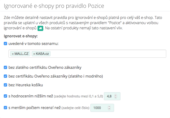 Rozšířené možnosti pro ignorování e-shopů - konfigurace