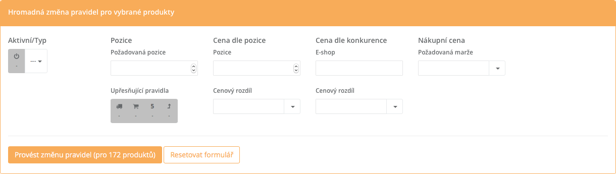 Hromadná změna pravidel - Formulář