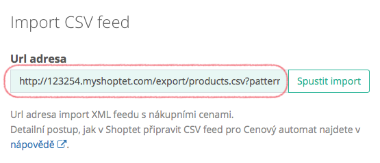 Konfigurace - Export/Import - Shoptet export url