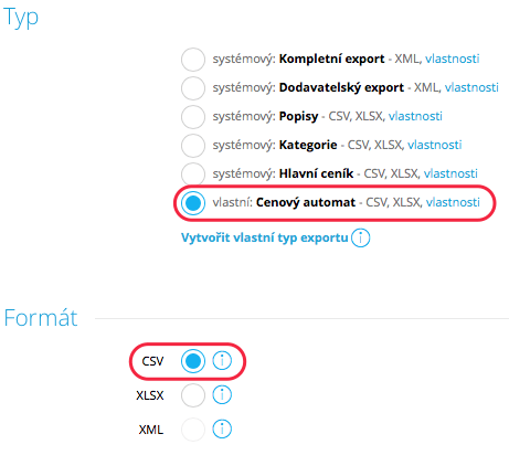 Konfigurace - Export/Import - Shoptet export typ formát