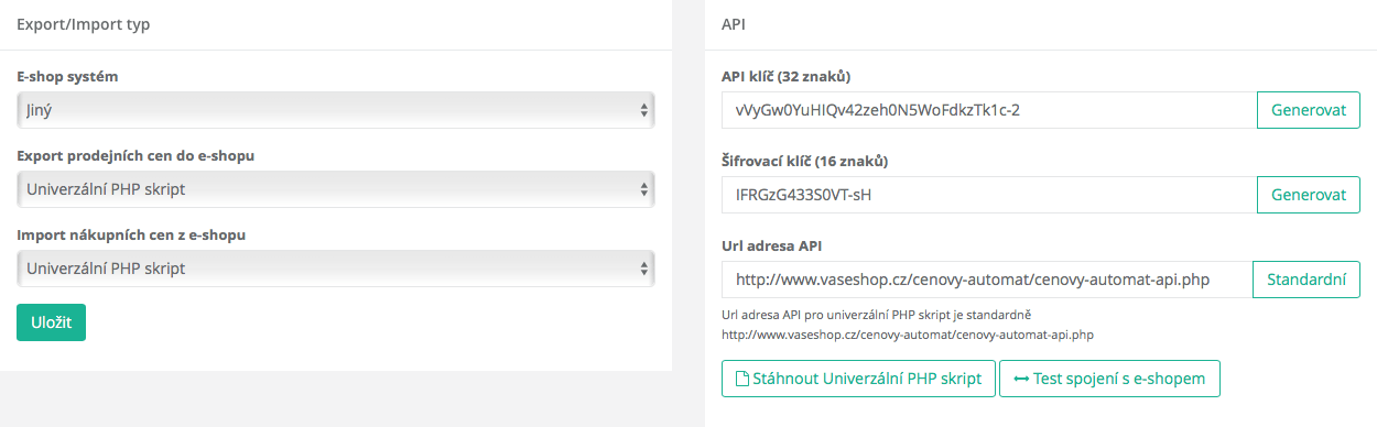 Konfigurace - Export/Import Univerzální PHP skript