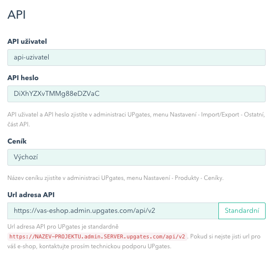 Konfigurace - Export/Import UPgates API