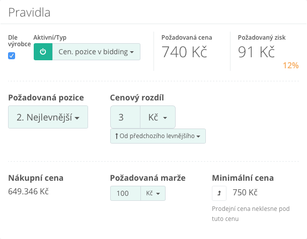 Pravidlo - Cenová pozice v biddingu