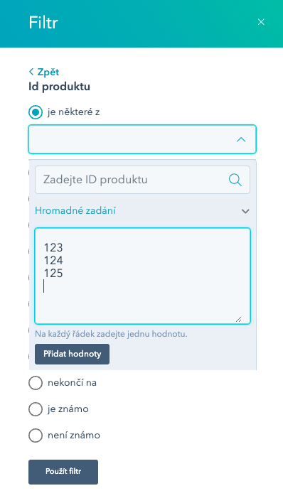 Filtr produktů - výběr produktů
