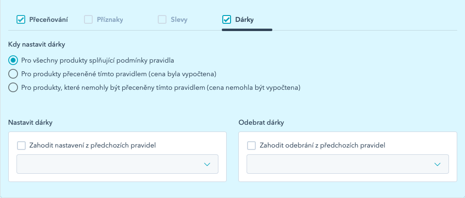 Záložka Dárky v editoru pravidla