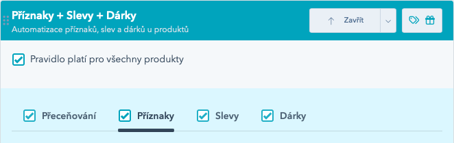 Záložky Příznaky, Slevy a Dárky v editoru pravidla