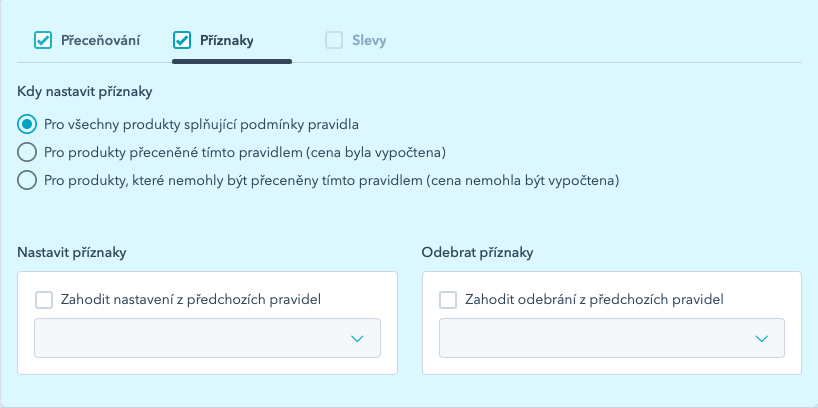 Záložka Příznaky v editoru pravidla