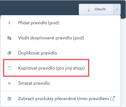 Kopírování pravidla z menu u pravidla