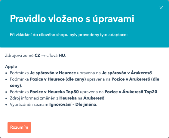 Report adaptací po vložení pravidla