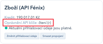Oprávnění API klíče na kartě Zboží (API Fénix)