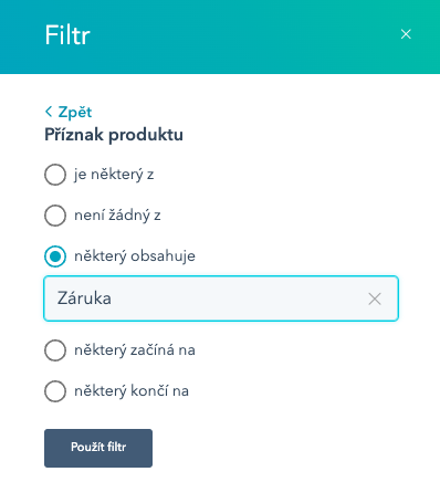Filtr produktů - porovnání příznaků