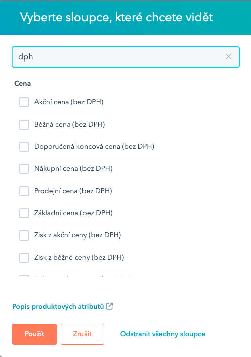 Vyýběr sloupců ceny bez DPH