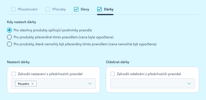Pravidlo bez přeceňování. Záložka Dárky: dárek Pouzdro se nastaví všem produktům, které splní podmínky pravidla.