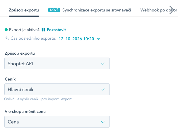 Export prodejních cen přes Shoptet API. Ceník je Hlavní ceník a v e-shopu se mění pole Cena.
