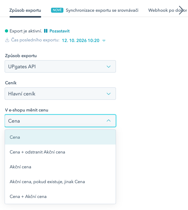 Export prodejních cen přes UPgates API. Ceník je Hlavní ceník a rozbalená volba, jestli se v e-shopu mění cena, akční cena, nebo obě.