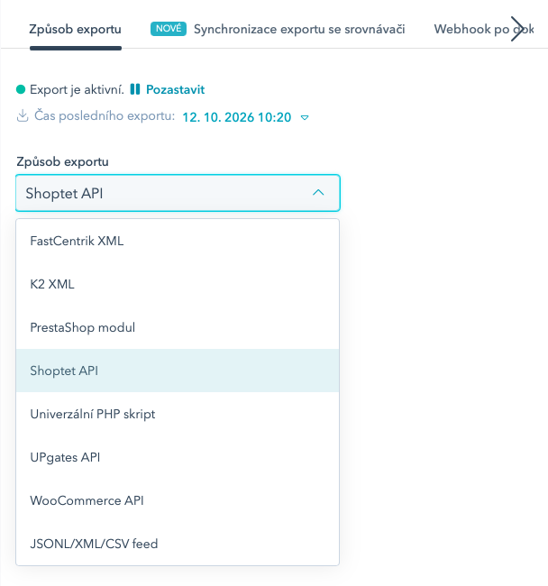 Rozbalený způsob exportu prodejních cen. Vybrané je Shoptet API, v seznamu je i UPgates API, WooCommerce API, PrestaShop modul a JSONL/XML/CSV feed.