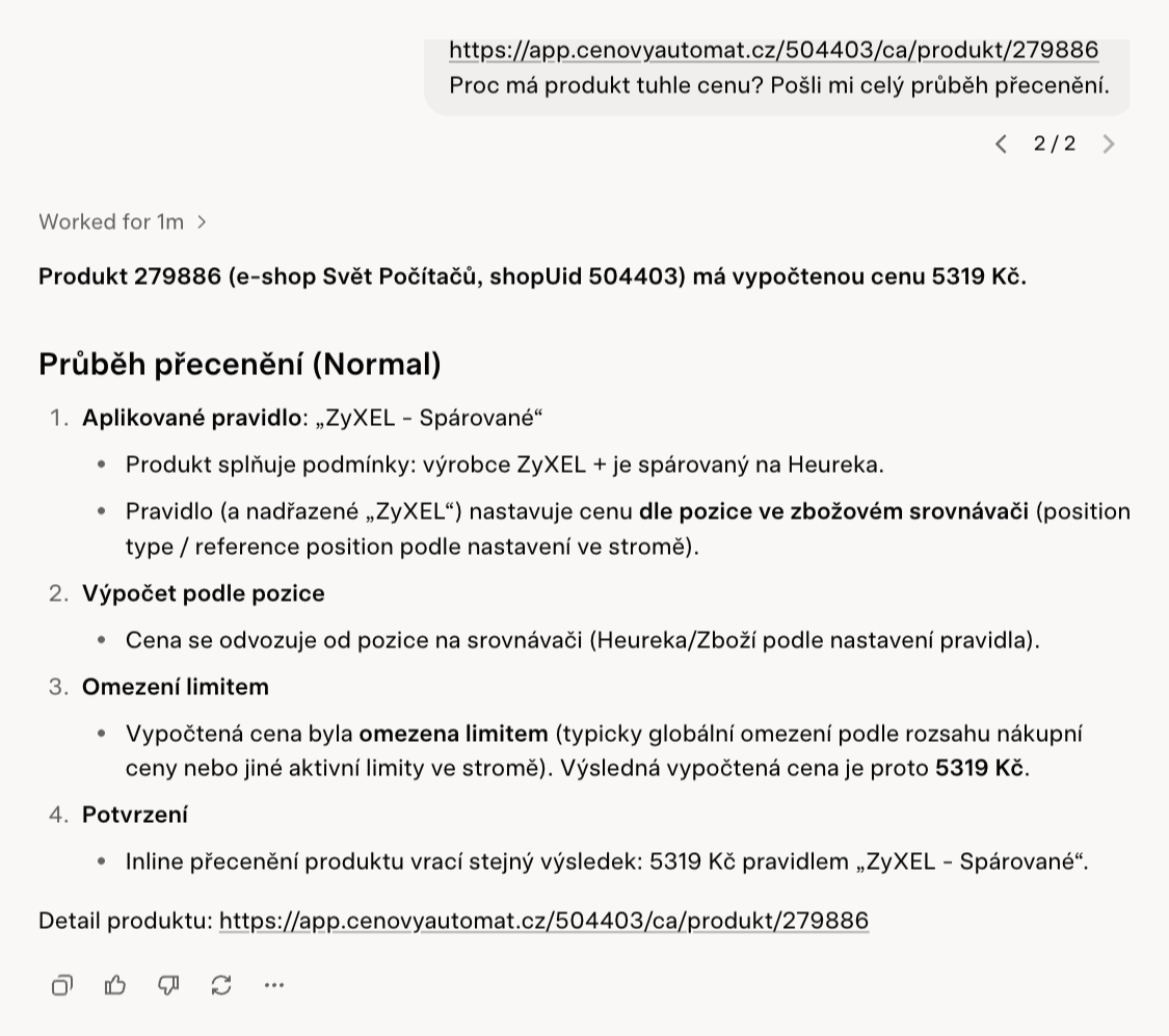 Chatbot vysvětluje cenu: platí pravidlo ZyXEL – Spárované, cena se počítá podle pozice ve srovnávači a limit ji zastavil na 5 319 Kč.