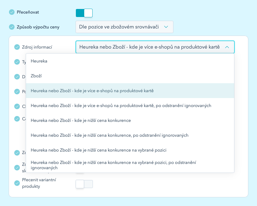 Zdroj informací: Heureka, Zboží, nebo automatický výběr podle počtu e-shopů na kartě či nižší ceny konkurence.