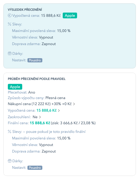 Výsledek přecenění a průběh pravidla: maximální povolená sleva 15 %, věrnostní sleva vypnutá, doprava zdarma zapnutá a nastavený dárek Pouzdro.
